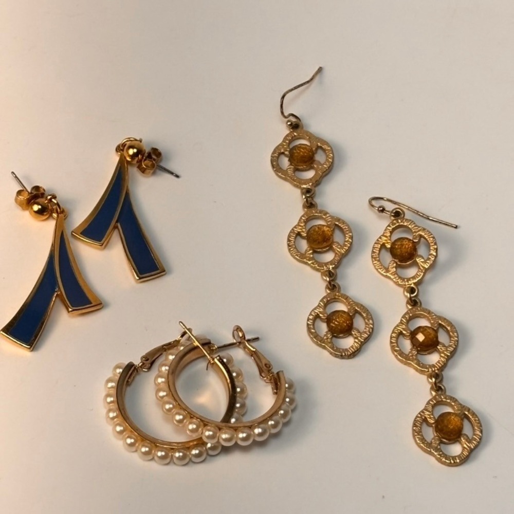 Earring Lot Gold Blue Pearl Amber Statement Boho Minimalist 90s Bundle 3 Pairs